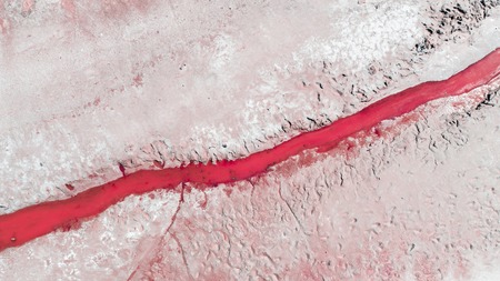 Unusual landscape of coral color. Lake Baskunchak, Russiaの写真素材