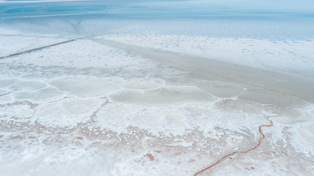 Unusual landscape. Fantastic view. Lake Baskunchak, Astrakhan Region, Russia. Saline. Great steppe. View from above Photo from quadcopterの写真素材