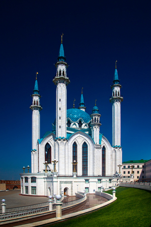 Intresting view of the Kul Sharif mosque Muslim symbol on blue sky background. Crescent. Islam concept. Religious holiday.の写真素材