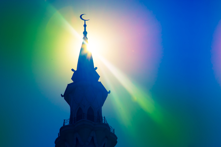 Golden crescents against the blue sky.の写真素材
