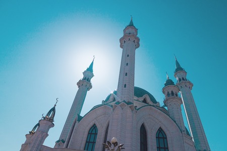 Intresting view of the Kul Sharif mosque Muslim symbol on blue sky background. Crescent. Islam concept. Religious holiday.の写真素材