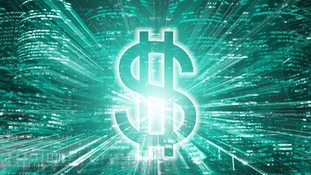 Bright US dollar sign on night city background. Zoom effect.の写真素材