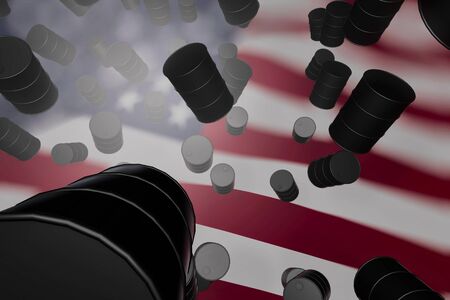 Petroleum production in the United States. USA flag next to the barrels. Crude oil barrel. 3d renderingの写真素材