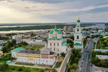 Astrakhan, Russia - April 29, 2019: Top view of the city of Astrakhan and the Kremlin. Russia