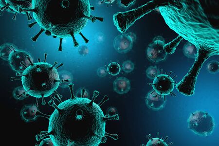 Microscopic view of a infectious virus. Contagion and propagation of a disease. Corona virus. COVID-19. SARS. 3D Renderingの写真素材