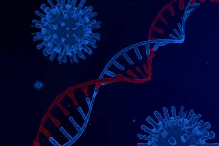 Virus close-up on a background of a DNA helix, RNA and virus, 3D renderingの写真素材