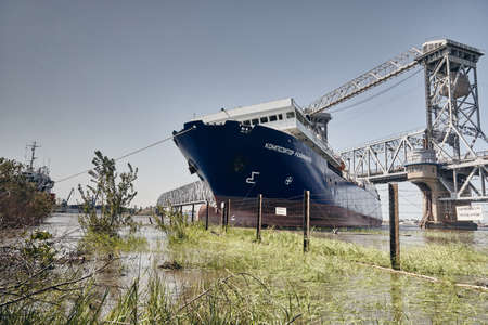 Astrakhan/Russia-May 29, 2020: The cargo-passenger ferry "Composer Rachmaninoff" ran aground on the evening of May 27, 2020 near the Astrakhan Old Bridge.のeditorial素材
