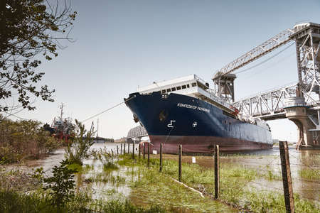 Astrakhan/Russia - May 29, 2020: The cargoThe cargo and passenger ferry "Composer Rachmaninov", following the Central cargo port - Olya port route, ran aground in the evening of May 27 near the Astrakhan Old Bridge. and passenger ferry "Composer Rachmaninのeditorial素材