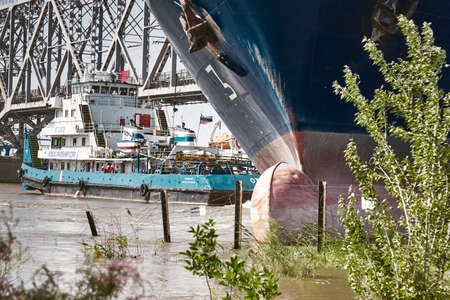 Astrakhan/Russia-May 29, 2020: The cargo-passenger ferry "Composer Rachmaninoff" ran aground on the evening of May 27, 2020 near the Astrakhan Old Bridge.のeditorial素材