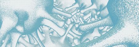 Blue outline of macro cells of coronavirus spreading over blueの写真素材