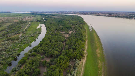 Aerial panorama of the rivers of the Astrakhan region in the spring. Volga river. High quality photo