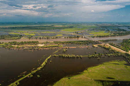 Aerial panorama of the rivers of the Astrakhan region in the summer. High quality photoの写真素材