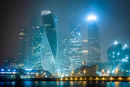 Moscow/Russia - November 20, 2020: Night view of downtown Moscow City. Snowy haze. High quality photoのeditorial素材