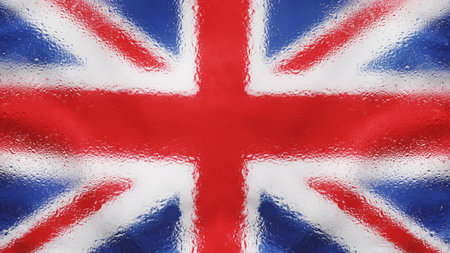 Photo of the UK flag behind wet glass. British weather. High quality photo