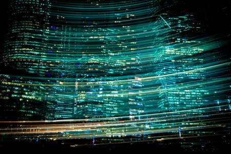 Hi-tech abstract green background. Cityscape of skyscrapers of Moscow City Zooming. . High quality photoの写真素材
