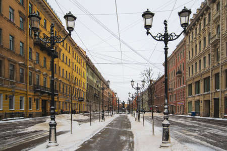 St.Petersburg, Russia - February, 21, 2021: Monument to Russian writer Nikolai Vasilyevich Gogol on Malaya Konyushennaya street in winter. High quality photoのeditorial素材