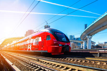 Moscow, Russia - March 24, 2021: Passenger aeroexpress train on the stretch. High quality photoのeditorial素材