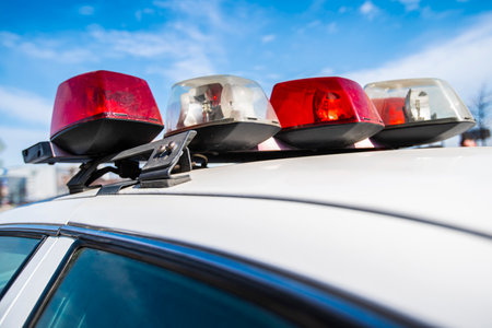 Close-up of cops flashing on old New York police car. High quality photoの写真素材