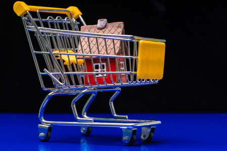 Red house inside of the shopping trolley. How to become a first time homeowner. Concepts about online shopping that consumers can buy things directly from their home. High quality photoの写真素材