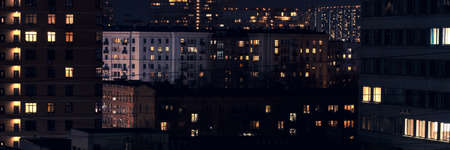 Light in the houses of the sleeping area at night. Panoramicの写真素材