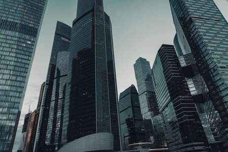 Moscow, Russia -April25, 2021: the walls and the facades of Moscow City Business Center. High quality photoのeditorial素材