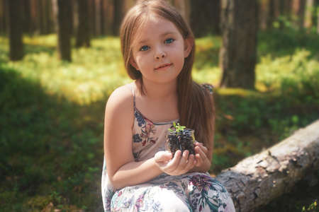 The girl collects forest blueberries in the summer. Healthy and healthy food. Improving brain...