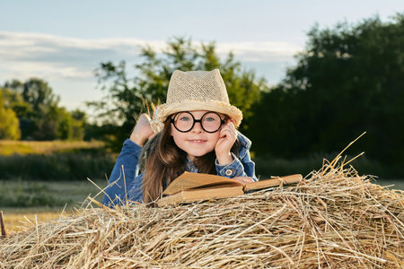 Reading girl sits over the haystack roll on field in countryside. High quality photo.の写真素材