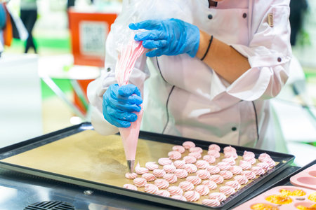 Close up hands of the chef with confectionery bag cream to parchment paper at pastry shop kitchen. High quality photoの写真素材