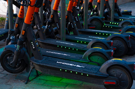 RUSSIA, MOSCOW - FEBRUARY 09, 2024: Electric scooters are parked. High quality photoのeditorial素材
