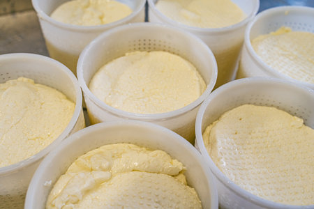 The Process of Making Fresh White Soft Whey Ricotta Cheese. High quality photoの写真素材