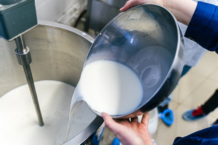 Milk is poured into a container for making ricotta cheese, mozzarella. Selected Focus. High quality photoの写真素材