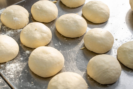 Dough blanks for baking bread on the production table. Selected focus. High quality photo