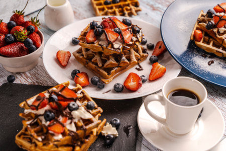 Delicious Belgian waffles with powdered sugar and berries on plates and a cup of coffee. Sweet food. Dessert. Serve food. High quality photoの写真素材