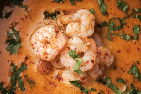 Tom yum with shrimp and cilantro close-up. Background with soup texture. High quality photoの写真素材
