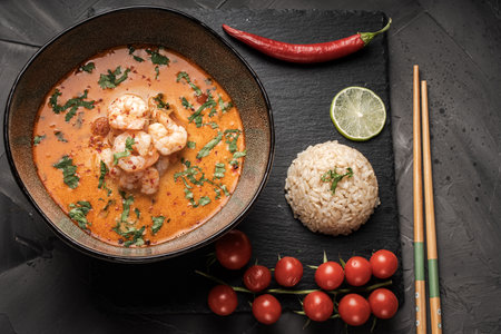 Tom Yum Kung Spicy Thai soup with shrimp in a bowl on a dark background and red pepper, rice and lime with cilantro and chopsticks on a black mica board. top view. High quality photoの写真素材
