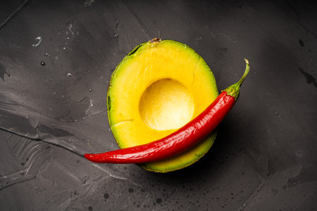 Avocado and red hot pepper on a black background. High quality photo