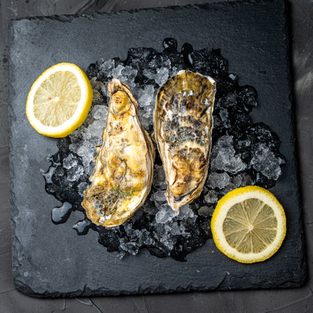 Two oysters in shells on ice on a black mica plate with lemon. High quality photoの写真素材