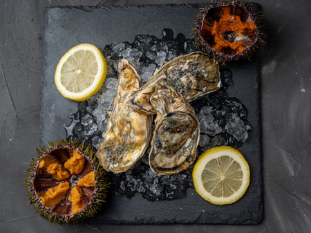 Raw oysters closed in shells and sea urchin on ice on a black mica board and sliced lemon. High quality photoの写真素材