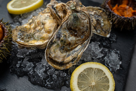Raw oysters closed in shells on ice on black mica board and sliced lemon. High quality photoの写真素材