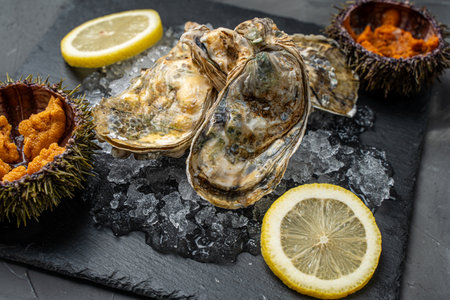 Raw oysters closed in shells on ice on black mica board and sliced lemon. High quality photoの写真素材