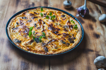 Homemade Quiche or chicken and mushroom pie according to a traditional French recipe on a wooden...