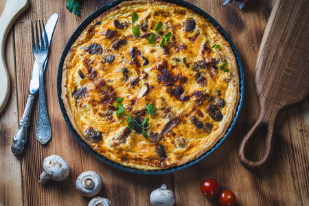 Quiche or pie with meat, chicken and mushrooms on a wooden table with cutlery, herbs and cherry tomatoes. High quality photoの写真素材