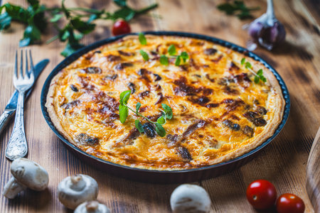 Quiche or pie with meat, chicken and mushrooms on a wooden table with cutlery, herbs and cherry tomatoes. High quality photoの写真素材