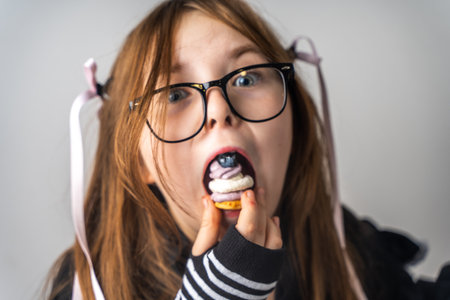 A pretty little girl, a pre-teenager holding a cake in her hands and looking at it smiling, she is dressed in black and white clothes and black eye glasses on a gray background. High quality photoの写真素材
