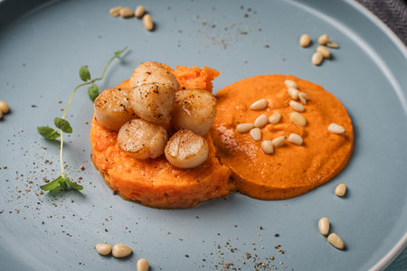 Scallops with carrot puree with Romesco sauce, fesalis and pine nuts on a blue plate on a light background with a napkin and cutlery. Diet food, vegetarian dish. High quality photoの写真素材