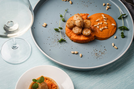 Scallops with carrot puree with Romesco sauce, fesalis and pine nuts on a blue plate on a light background with a napkin and cutlery and a glass of white wine. High quality photoの写真素材