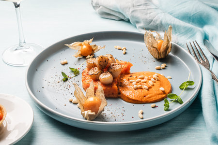 A gourmet scallops lunch with carrot puree in Romesco sauce served on a blue plate with fesalis, a glass of white wine and cutlery. High quality photoの写真素材