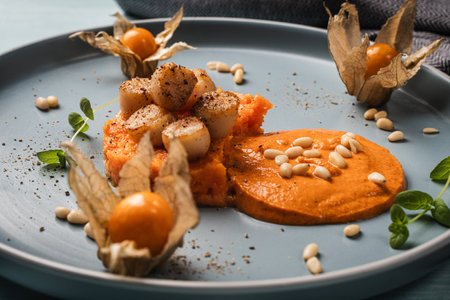 A gourmet scallops lunch with carrot puree in Romesco sauce served on a blue plate with fesalis, a glass of white wine and cutlery. High quality photoの写真素材