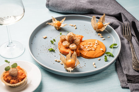 A gourmet scallops lunch with carrot puree in Romesco sauce served on a blue plate with fesalis, a glass of white wine and cutlery. High quality photoの写真素材