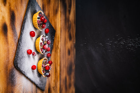 Tartlets with cottage cheese cream, cranberries and blueberries on a black plate, sprinkled with powdered sugar on a wooden background. High quality photoの写真素材